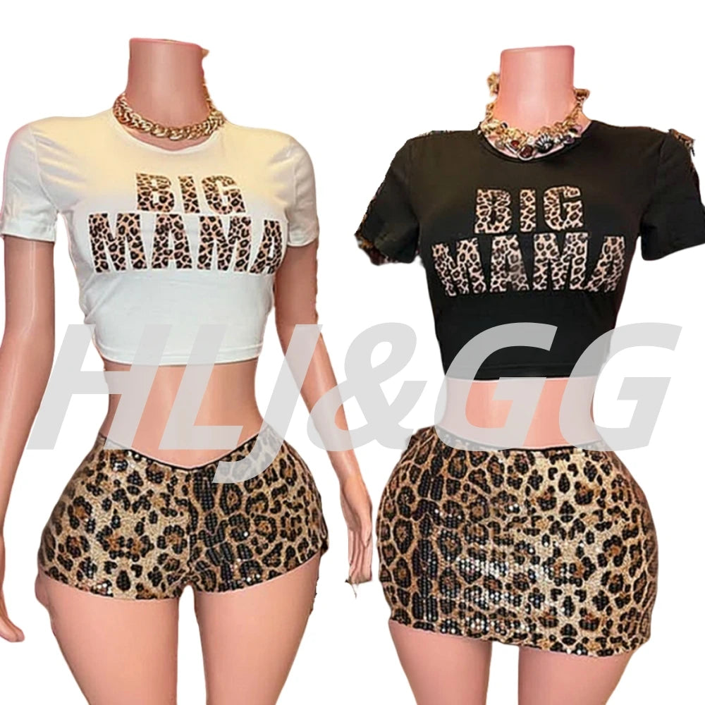 HLJ&GG Fashion Y2K Sequin Leopard Shorts Two Piece Sets Women Round Neck Short Sleeve Slim Crop Top And Shorts Outfit Streetwear