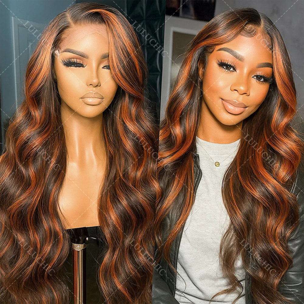 Upgraded 1B/30 Balayage Body Wave 13x4 Highlight Lace Front Human Hair Wig Vietnamese 30 Inch Omber Brown Colored Wig Human Hair