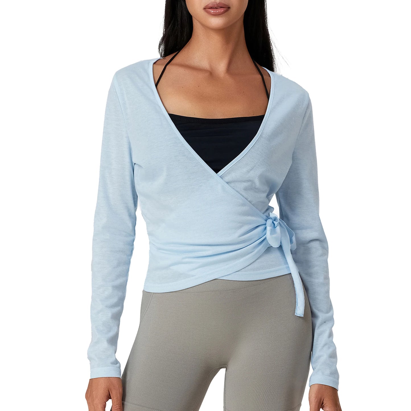 Women Yoga Wrap Tie Tops Y2k Solid Long Sleeve Slim Fit Crop Tops Ballet Workout Yoga T-Shirts Tees Coquette Sweet Chic Tops