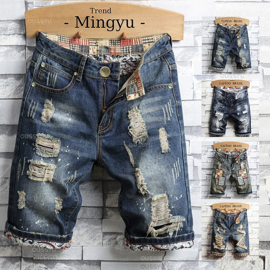 Brand Clothing New Summer Ripped Hole Denim Shorts Men Cotton Thin Straight Retro Biker Knee Length Short, Male Streetwear