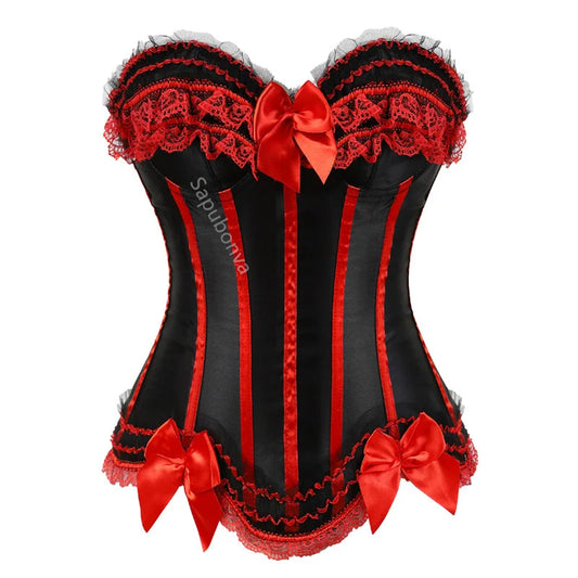 Sapubonva Lace up corsets bustiers top sexy satin overbust corset striped ladies satin halloween big size red black pink korsett