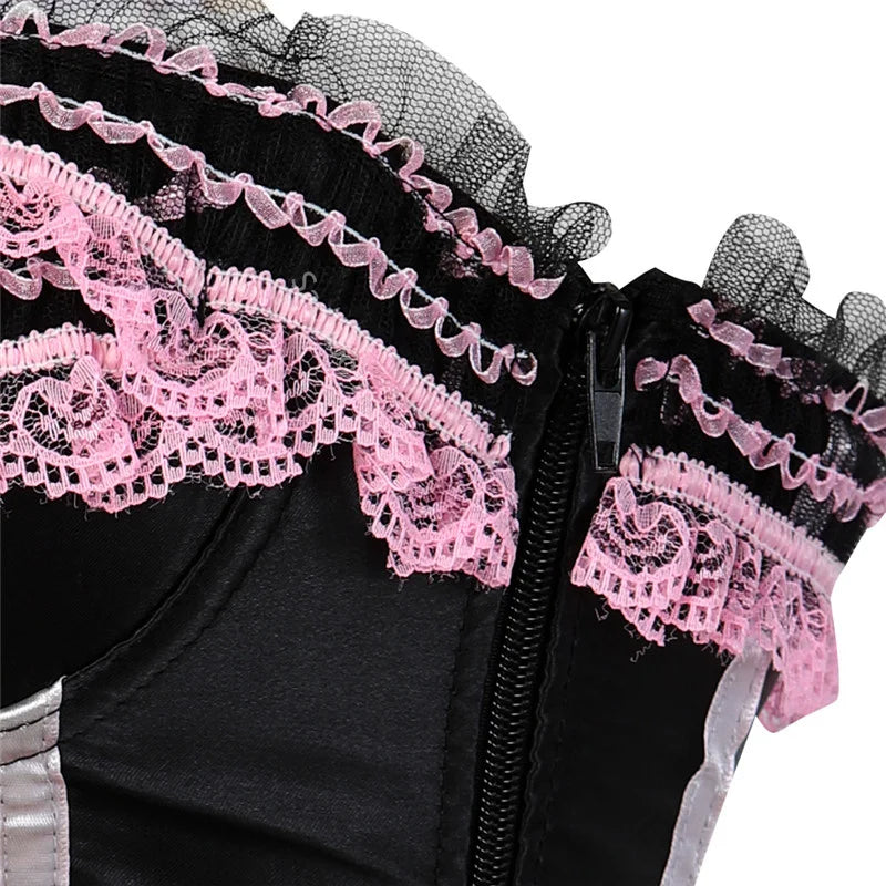 Sapubonva Lace up corsets bustiers top sexy satin overbust corset striped ladies satin halloween big size red black pink korsett