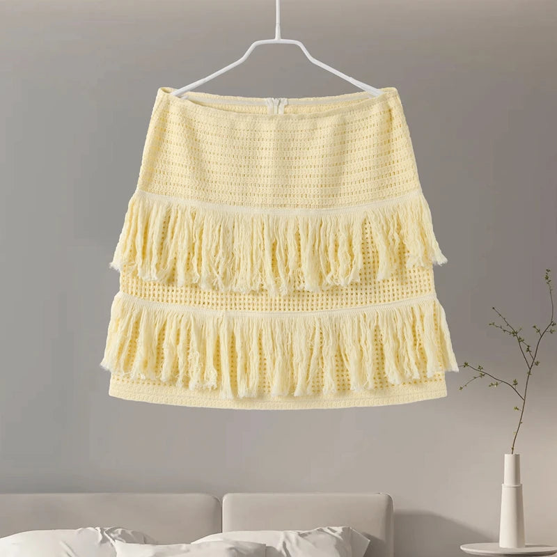 Sexy Knitted Tassels Top Mini Skirt Set Women Crop Bikini Vests Multi Layers Fringe Skirts 2025 Summer Beach Party Outfits Lady