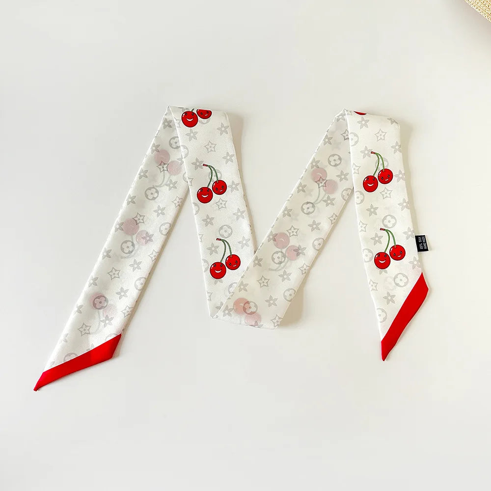 Vintage New Silk Scarf Hair Strap Women's Cherry Printed Mulberry Silk Scarf Long Strip Silk Scarf Float Accessories Scarf