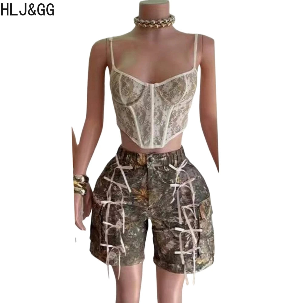 HLJ&GG American Vintage Style Women High Waist Button Harajuku Straight Shorts Fashion Print Pocket Bow Bottoms Streetwear 2025