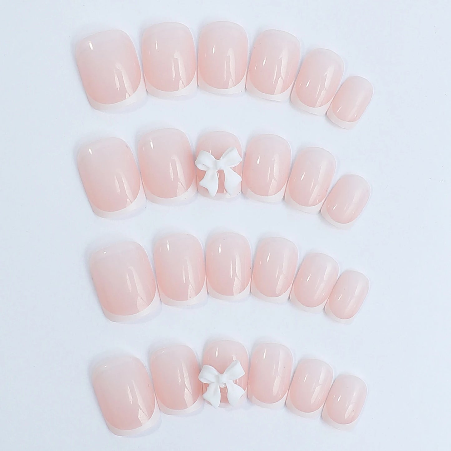 White French Press on Nails 3D Bowknot Fake Nails Tips Full Cover Wearable False Nails for Women and Girls DIY 24Pcs