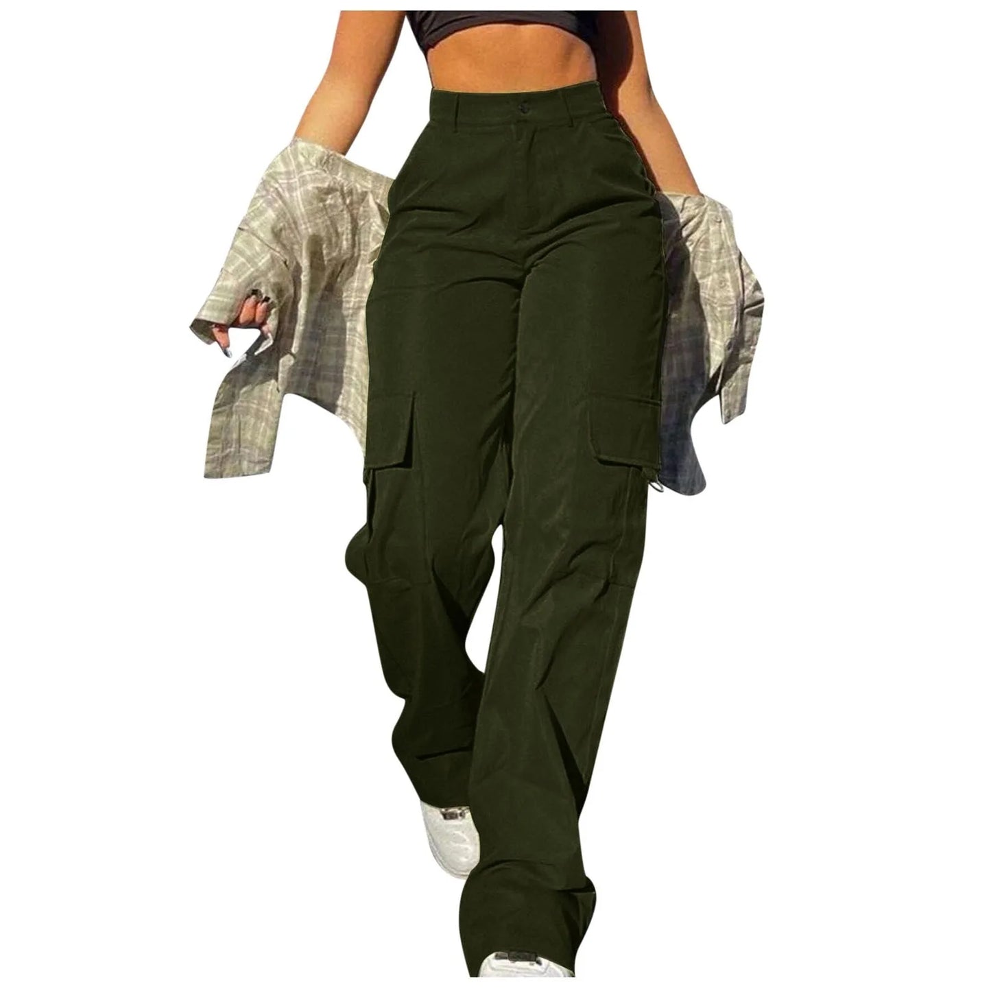 Women Cargo Pants With Pockets Stretch High Waisted Casual Sweatpants Straight Wide Leg Long Pants Sporty Jogger Trouser
