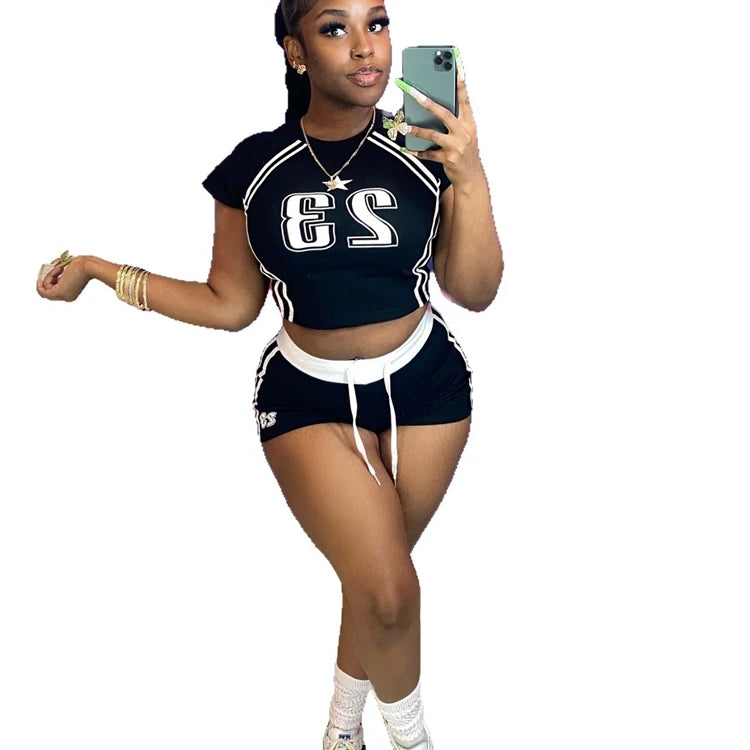 STYLISH LADY Number Printed Sports 2 Piece Set Women Short Sleeve Crop Top and Drawstring Shorts Suits 2025 Summer Casual Outfit
