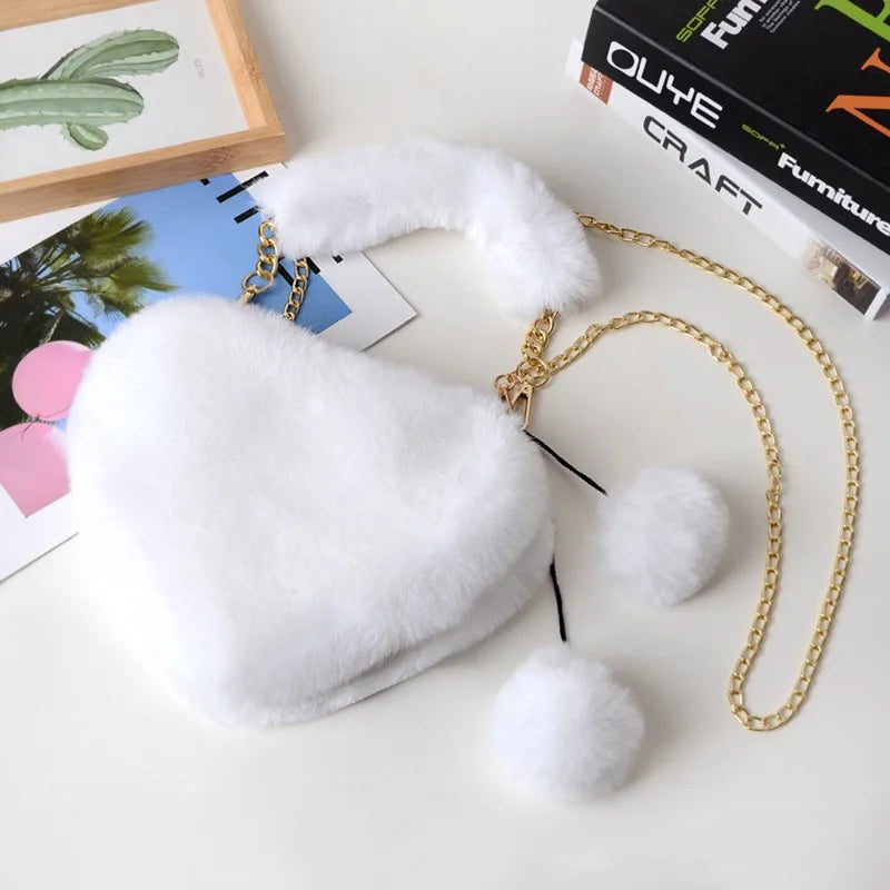 Luxury Faux Fur Heart-shaped Women Small Handbags Fluffy Plush Ladies Chain Shoulder Bag Fashion Female Furry Daily Clutch Purse