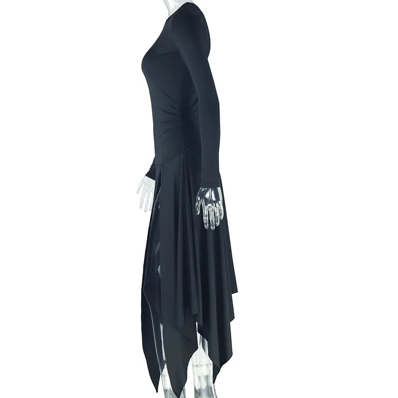 Weird Puss Ruched Asymmetry Dress Women Diagonal Collar Skinny Full Sleeve Ruffles Slits Hem Midnight Hottie Club Trend Outfits