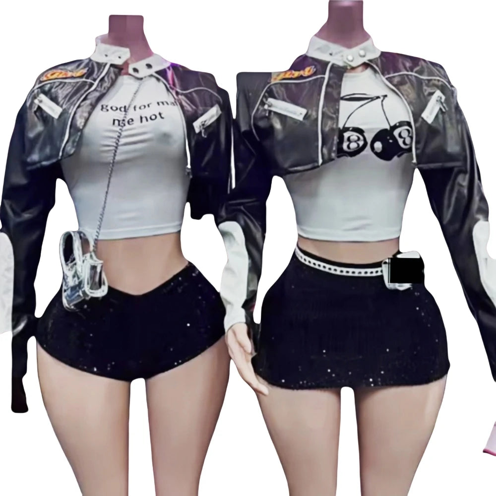 HLJ&GG Black Leather Jacket Fashion Streetwear Women Zip Long Sleeve Crop Top+Tshirts+Sequin Shorts 3 Piece Sets Female Clothing