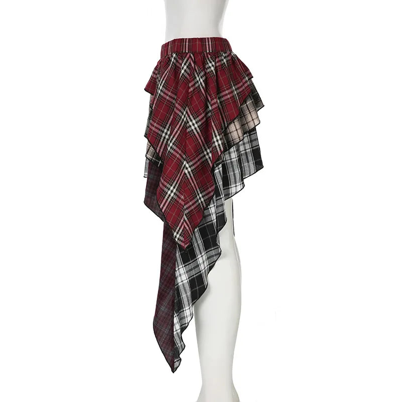 HLJ&GG Fashion Plaid Printing Irregular Mini Skirts Two Piece Sets Women O Neck Short Sleeve Top And Skirts Outfits Streetwear