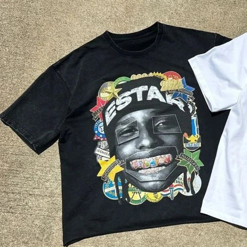 New Harajuku Couple Cartoon Pattern Graphic T Shirts Hip Hop Goth Oversized T Shirt Loose Round Neck Short Sleeved Streetwear