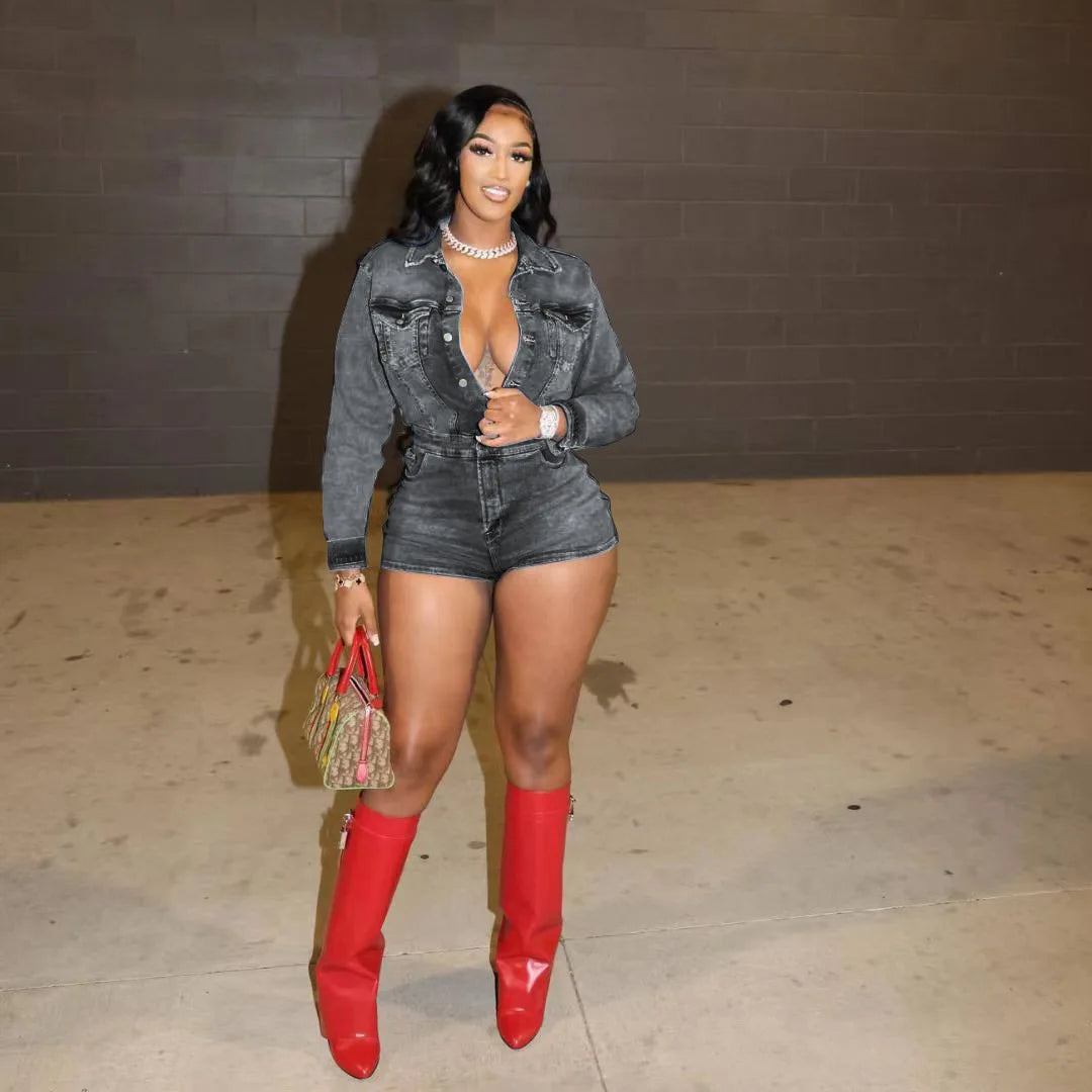 HLJ&GG Fashion Bodycon jeans Romper ladies Solid Color Long Sleeves One Piece Jumpsuit, Streetwear Overalls 2025 Summer New