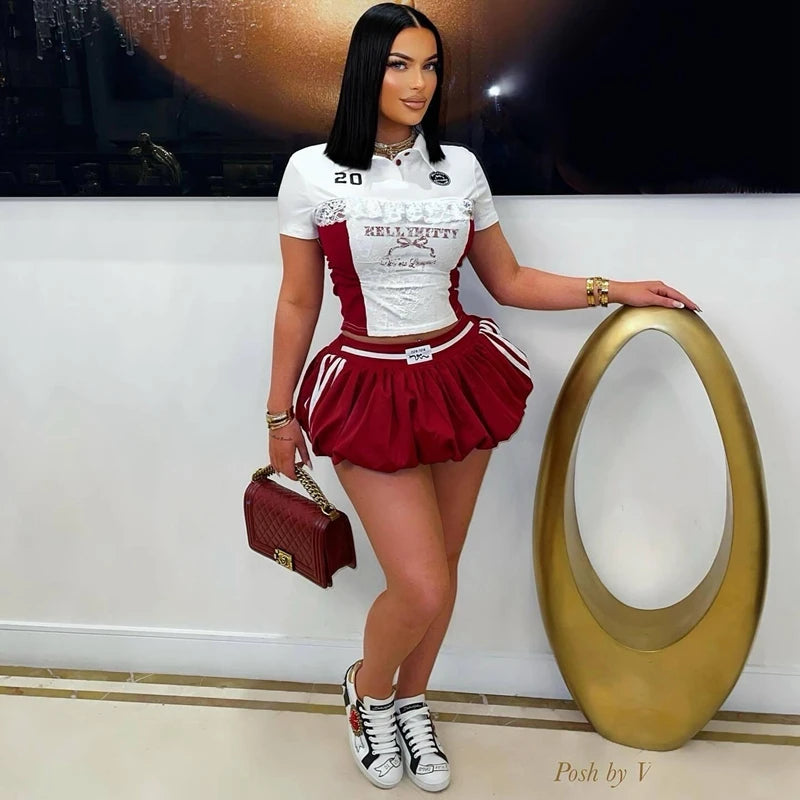STYLISH LADY Lace Letter Printed 2 Piece Set Women Short Sleeve Crop Top and Mini Skirt Suits 2025 Summer Sexy Club Party Outfit