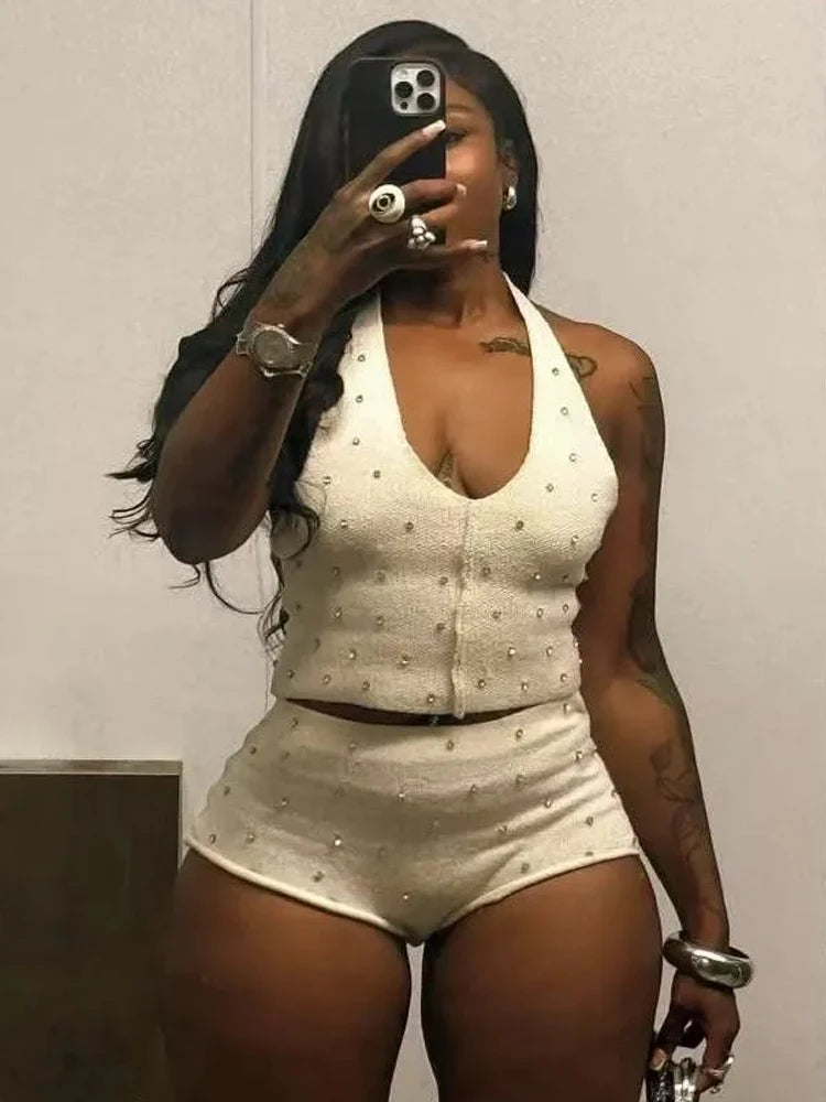 Weird Puss Diamond Women 2 Piece Set Luxury Knit Halter Backless Tank Tops+Shorts Casual Matching Streetwear Stretch Simple Suit
