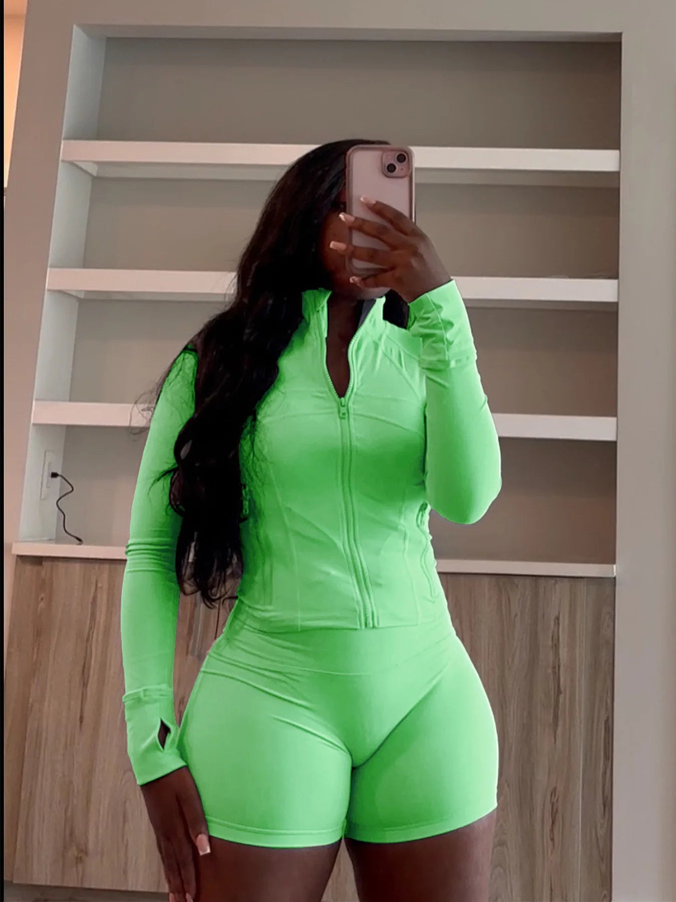 HLJ&GG Casual Sporty Skinny Shorts Two Piece Sets Women Zip Long Sleeve Slim Top + Shorts Outfits Summer New Stretchy Tracksuits