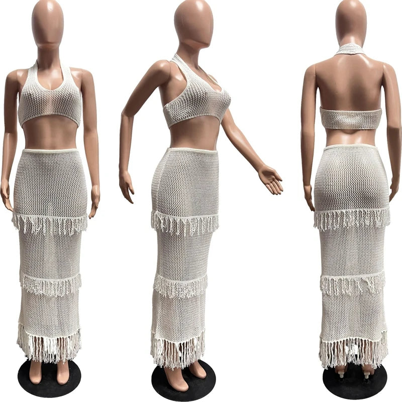 STYLISH LADY Tassel Crochet 2 Piece Set Women Halter Backless Crop Top and Maxi Skirts Suits 2025 Summer Sexy Beach Outfits