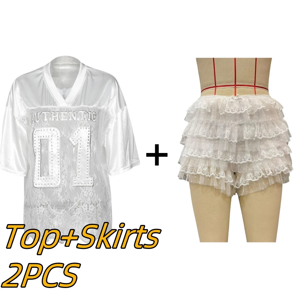 HLJ&GG Y2K Fashion Lace Splicing Letter Two Piece Sets Women V Neck Short Sleeve Loose Top+Mini Ruffle Skirts Outfits Streetwear