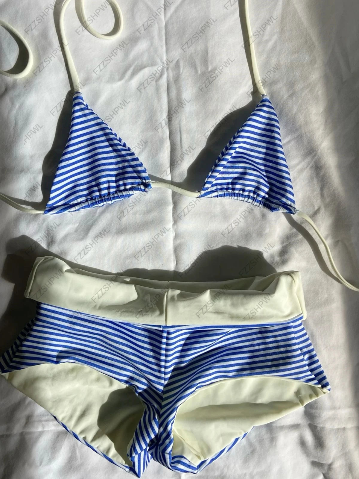 Blue Plaid Lace-up Bow Decorate Kawaii Bikini Sets Halter Striped Bra Underwears Y2k Swimsuits Lolita Bathing Suit Girls