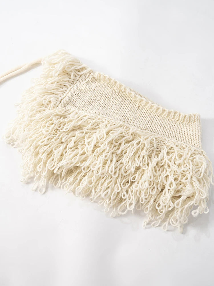 Weird Puss Crochet Tassel 2 Piece Set Women Lace-Up Cardigan Full Sleeve Crop Tops+Irregular Slits Mini Skirt Sexy Hipster Suit
