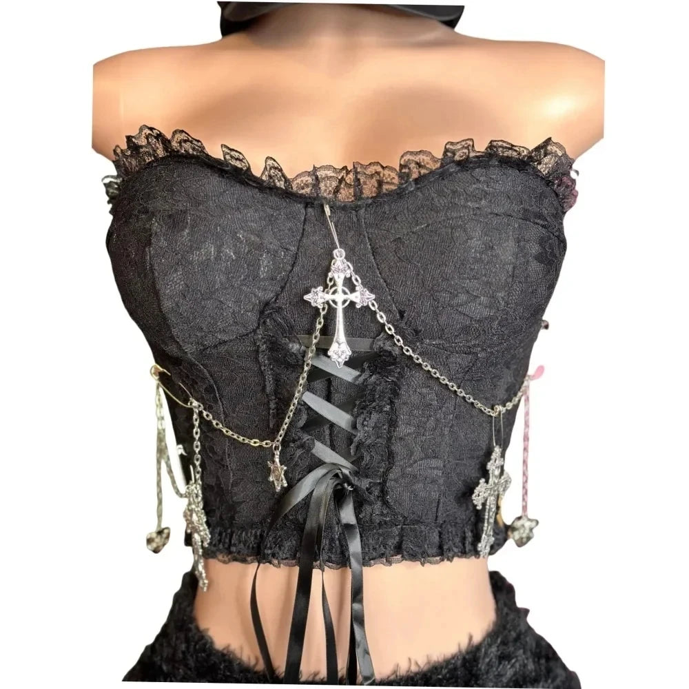 HLJ&GG Black Sexy Y2K Punk Tassels Two Piece Sets Women Chain Lace Up Slim Tube And Fur Mini Skirts Outfits Fashion Streetwear
