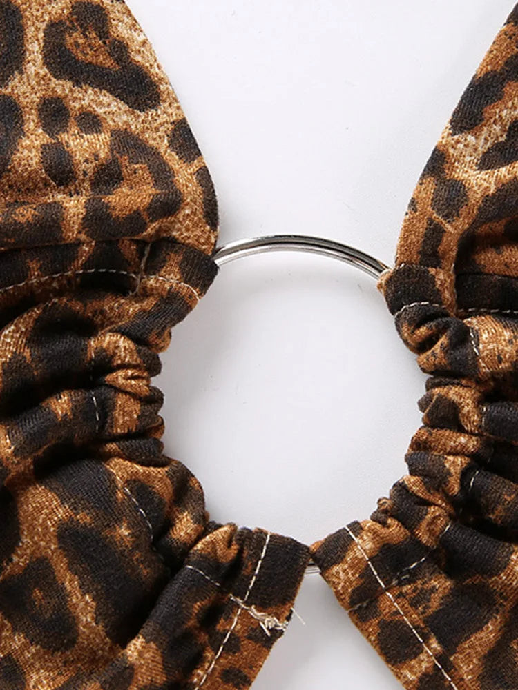 Leopard Print Halter Crop Top for Women Backless Bandage Lace-Up Sequin Metal Ring Detail Party Club Bustier 2025 Style