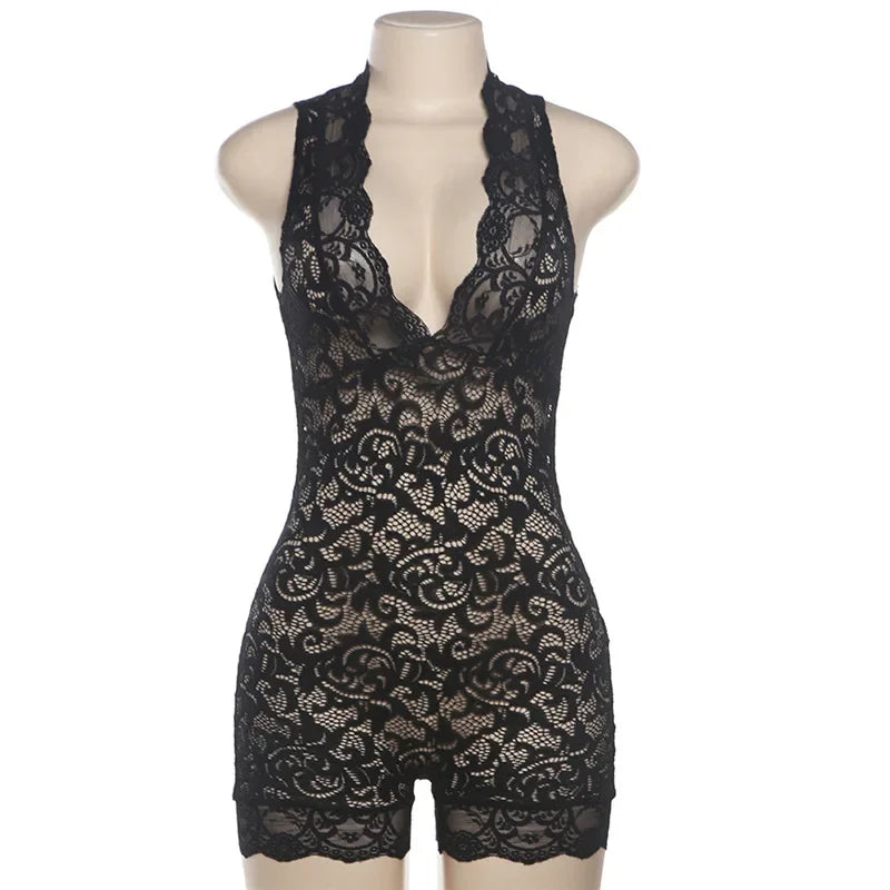 HLJ&GG Sexy Lace Perspective Hollow Out Bodycon One Pieces Rompers Womens V Neck Sleeveless Slim Jumpsuits Female Playsuits 2024