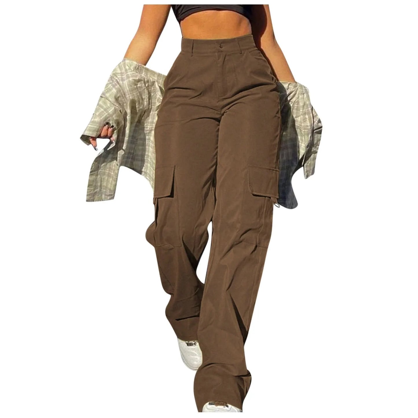 Women Cargo Pants With Pockets Stretch High Waisted Casual Sweatpants Straight Wide Leg Long Pants Sporty Jogger Trouser
