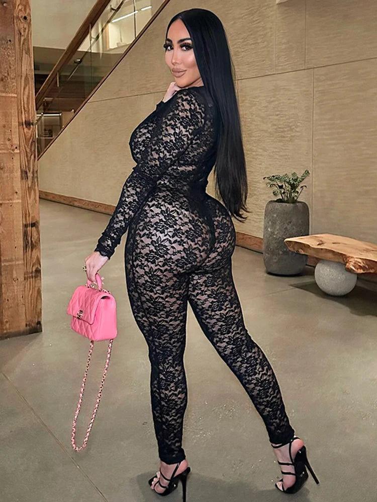 Weird Puss Sexy Jacquard Jumpsuit Women Sexy Mesh Patchwork Low-Neck Hollow Full Sleeve Skinny Midnight Party Clubwear Overalls
