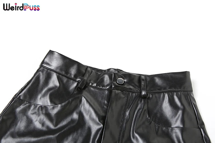 Weird Puss PU Hipster Leather 2 Piece Set Women Fall Trend v-Neck Cross Sash Sexy Crop Tops+Shorts Matching Streetwear Outfits