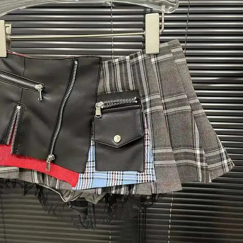 DEAT 2025 Summer New Patchwork Plaid Irregular Pleated Mini Skirt, Zipper Pockets Lace Design Skirts 29L7565