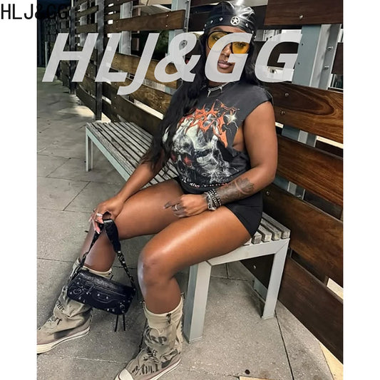 HLJ&GG Fashion Street Letter Print Tshirts Two Piece Sets Women O Neck Sleeveless Top And Shorts Outfits Y2K Female Streetwear