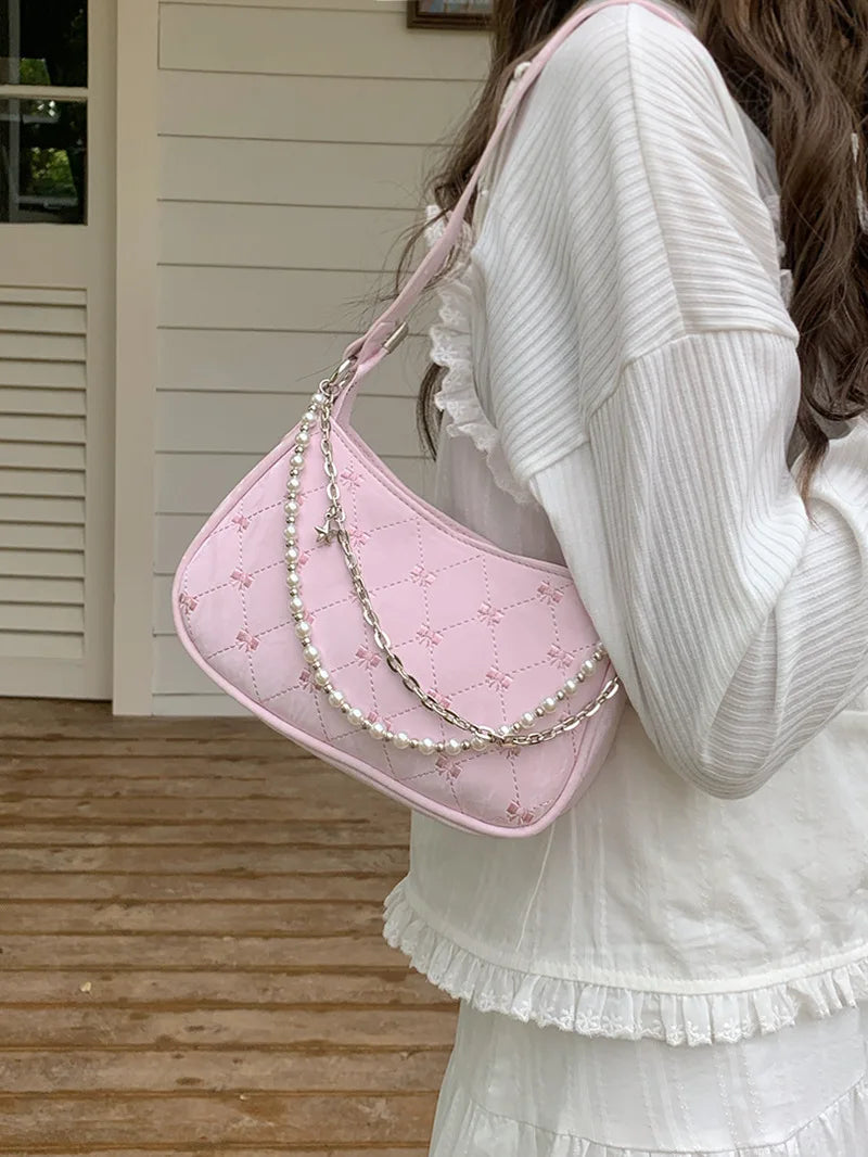 Pink Shoulder Bag Elegant Cute Bow Pearl Chains Bow Embroidery Handbag Casual Leather Korean Fashion Female Handbag