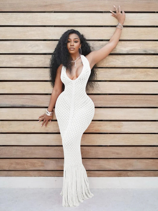 Wired Puss Backless Halter Dress Women Sexy Summer Deep V-Neck Hollow Tassel Solid Patchwork Slim Midnight Party Club Vestidos