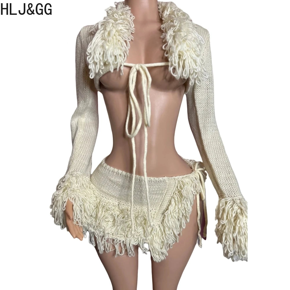 HLJ&GG Apricot Sexy Knitting Tassels Bandage Two Piece Sets Women Long Sleeve Hollow Crop Top And Side Slit Mini Skirts Outfits