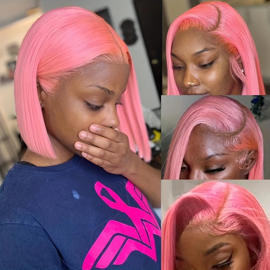 13x4 Short Bob Wig HD Transparent Lace Light Pink Wig Preplucked Lace Frontal Wigs Brazilian Virgin Human Hair 14 Inch 10 Inch