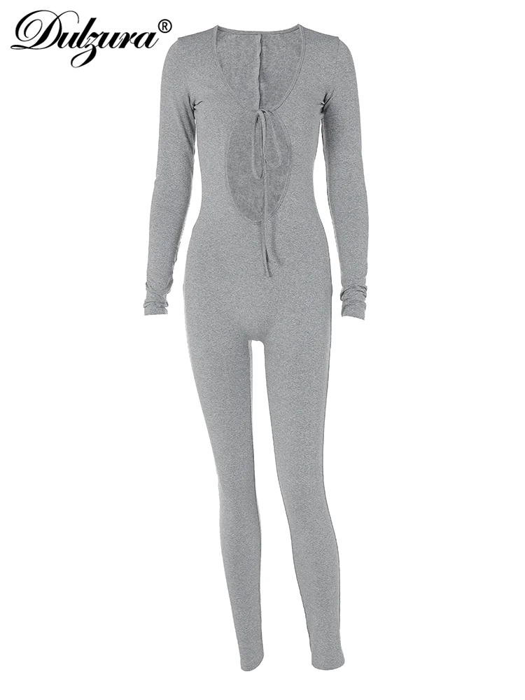 Dulzura Solid Pure Hole Hollow Out Straps Lace-Up Jumpsuit Long Sleeves 2023 Summer Autumn For Women Sexy Streetwear Wholesale