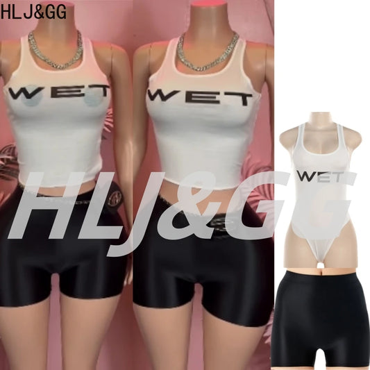 HLJ&GG Sexy Hot Girl Letter Print Bodysuits Two Piece Sets Women Round Neck Sleeveless Top And Shorts Outfits Fashion Streetwear