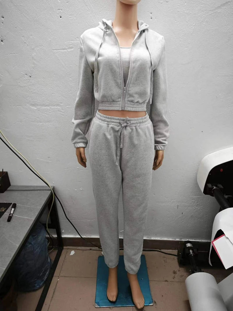 STYLISH LADY Fleece Sporty 3 Piece Set Women Outfits 2025 Spring Crop Top and Drawstring Pant Suits Casual Workout Tracksuits