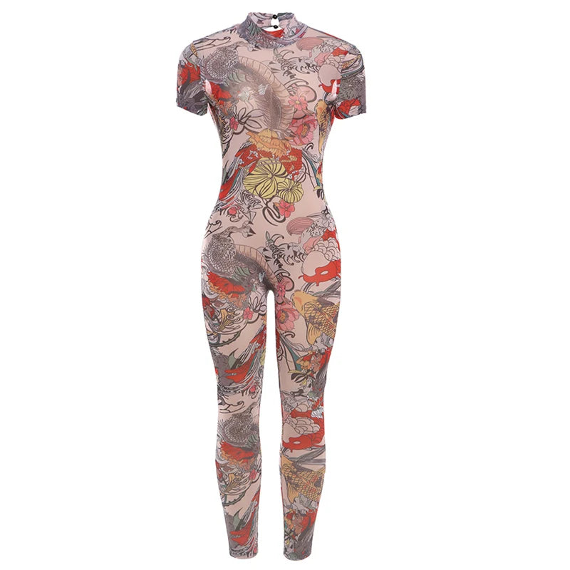Weird Puss See Through Jumpsuit Women Backless Dragon Print Short Sleeve Fitness Activity Workout Overalls Slim Stretch Clubwear