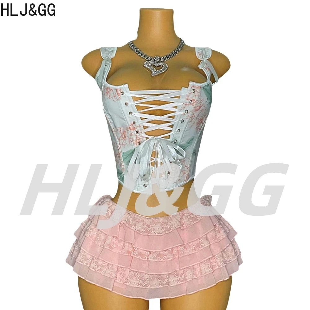HLJ&GG Y2K Sexy Print Bandage Slim Vest Two Piece Sets Women Sleeveless Backless Crop Top And Ruffle Mini Skirts Outfits Fashion