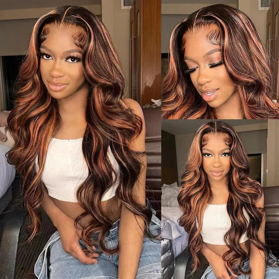 Upgraded 1B/30 Balayage Body Wave 13x4 Highlight Lace Front Human Hair Wig Vietnamese 30 Inch Omber Brown Colored Wig Human Hair