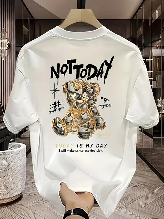 Men's summer 100% pure cotton fashionable casual loose cartoon bear pattern printed short-sleeved T-shirt top