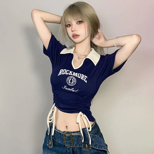 Women Designer Sweet Spicy Style Clothes Lady Drawstring Tie Up Crop Tops Female Turndown Collar Graphic Short Sleeved T-shirts