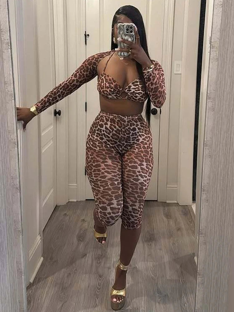 Weird Puss Sexy 3 Piece Set Women Leopard Print Mesh Full Sleeve Shawl+Bandage Metal Buckle Bra+Pants Street Trend Matching Suit