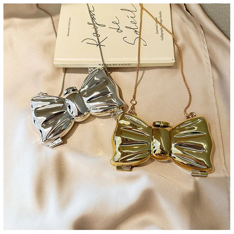 New Mini Evening Bag Metal Purse Crossbody Handbag for Girls Kid Women Bowknot Chain Shoulder Bag for Party Wedding