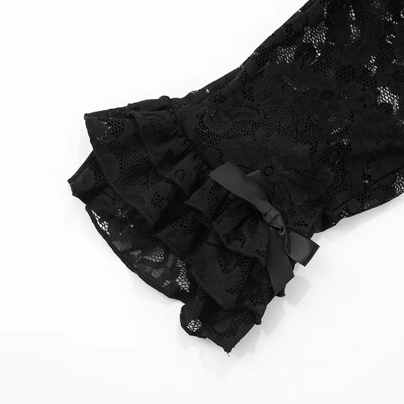 HLJ&GG Y2K Fashion Lace Bandage Hollow Out Two Piece Sets Women Off Shoulder Short Sleeve Slim Crop Top And Ruffle Shorts Outfit