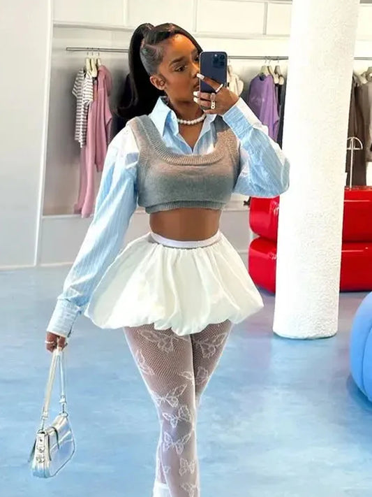 Weird Puss Lapel Single Breasted Vest Shirt Women 2024 Trend Knitted 2 Piece Set Matching Wild Hipster Streetwear Summer Tops