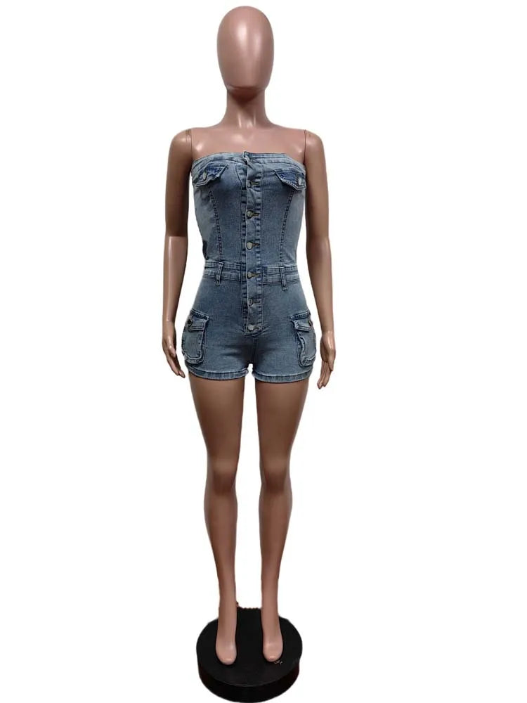 Kricesseen High Street Button Details jeans Jumpsuits Overalls For Women Strapless Pockets Jeans Playsuits Night Out Bodysuits